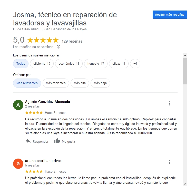 Ver puntuaciones de Josma en Google, técnico en reparación de lavadoras