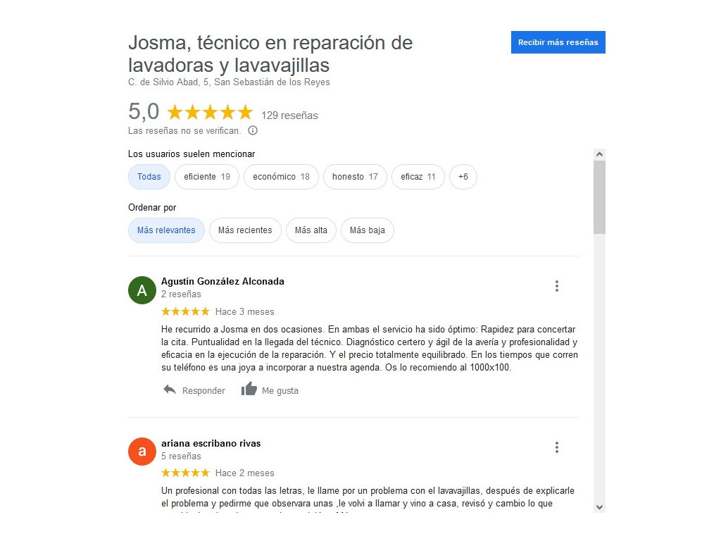 Ver puntuaciones de Josma en Google, técnico en reparación de lavadoras