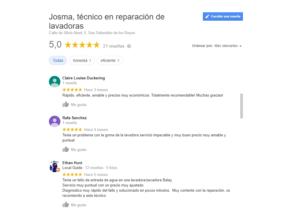 Ver puntuaciones de Josma en Google, técnico en reparación de lavadoras