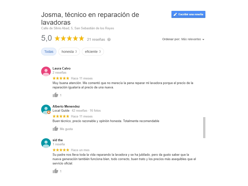 Ver puntuaciones de Josma en Google, técnico en reparación de lavadoras