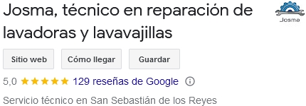 Ver puntuaciones de Josma en Google, técnico en reparación de lavadoras y lavavajillas