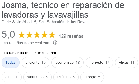 Ver puntuaciones de Josma en Google, técnico en reparación de lavadoras y lavavajillas